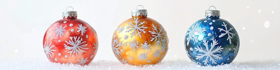 Poster - Three Christmas ornaments sitting on snowy ground, perfect for winter scenes or holiday decorations