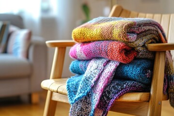 Wall Mural - A stack of blankets sits on top of a wooden chair