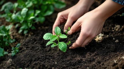 Poster - A person holds a small plant in soil, perfect for gardening or green space illustrations