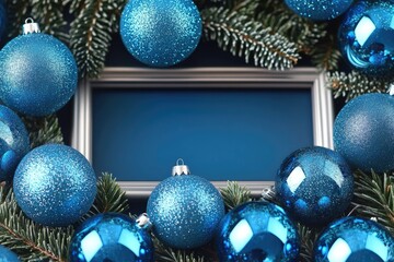 Poster - Christmas decoration featuring a blue wreath with ornaments and a picture frame