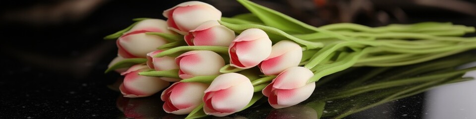 Poster - A bouquet of fresh pink and white tulips arranged on a wooden table