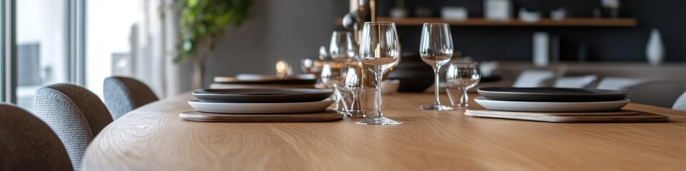 Poster - A wooden table set with plates and glasses ready for use