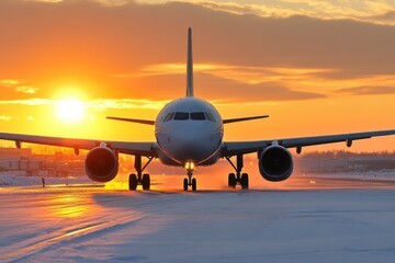 Wall Mural - A large commercial airliner parked on an airport runway, ready for takeoff or landing