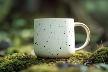 Wall Mural - A white coffee cup sitting on top of a moss-covered ground, perfect for outdoor settings or nature-inspired scenes