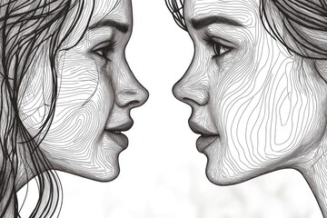 Poster - A portrait of two women standing and looking at each other, with no background information