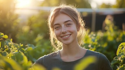 Leinwandbilder - A happy woman surrounded by lush greenery