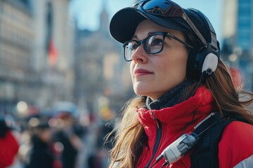 Poster - A woman wearing headphones and a red jacket, perfect for music lovers or commuters
