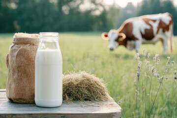 Aufkleber - A simple scene with a glass milk bottle placed on a wooden table, great for illustrations or decoration