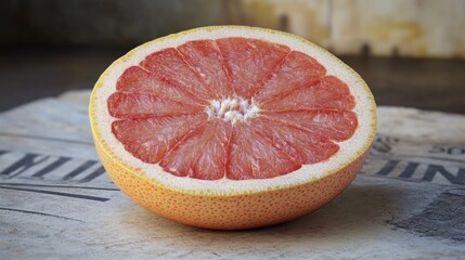 Poster - Fresh grapefruit cut in half, sitting on a newspaper with a yellow background