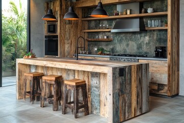 Poster - A cozy kitchen scene with a wooden counter and stools, perfect for a rustic home or cafe setting