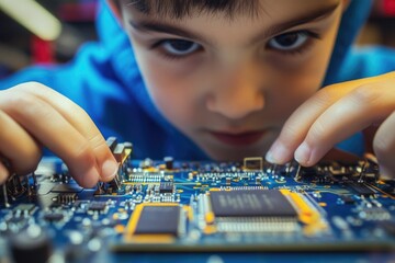 Aufkleber - A young child closely examines a circuit board, curiosity and interest evident on their face
