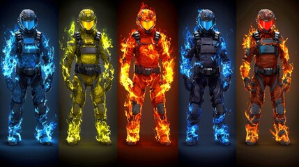 Wall Mural - fiery space explorers: futuristic armor in blazing colors. sci-fi digital art, concept design, fanta