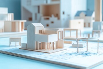 Leinwandbilder - A single-family home design sitting atop its architectural plans, ideal for real estate or interior design projects