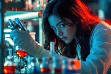 Poster - a scientist inspects a flask in a lab setting, possibly containing a chemical or biological sample
