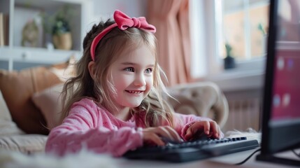 Portrait happy smiling little girl online studying with computer at home. Generated AI image