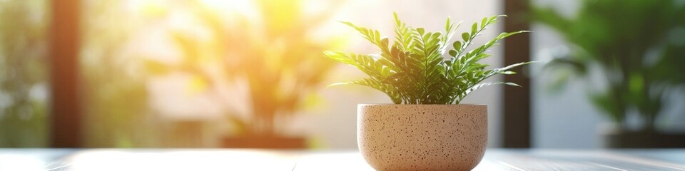 Sticker - A small potted plant sits atop a wooden table, adding a touch of greenery to the space