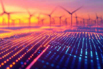 Poster - A row of wind turbines in a field during sunset