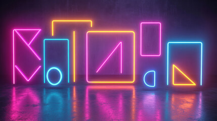 Poster - Transparent frames with neon light effect set isolated on background. Vector realistic illustration of square and rectangular borders, web or mobile app user interface design elements, blank screens