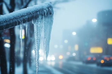 Poster - Icicles hang from a pole on a snowy day