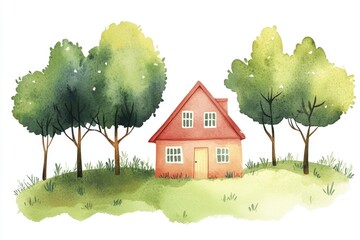 Aufkleber - Watercolor illustration of a house surrounded by trees, perfect for home decor or design projects
