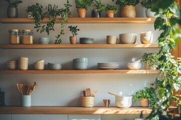 Wall Mural - A kitchen shelf stocked with various cooking vessels