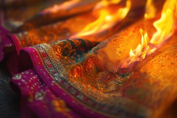 Wall Mural - A close-up view of a fabric with flames printed or painted on it