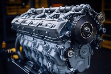 Poster - Close-up view of a large engine on display, suitable for use in automotive or mechanical contexts