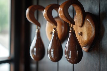 Poster - A row of wooden hooks mounted to a white wall, useful for hanging items