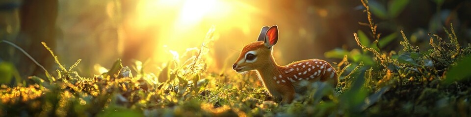 Wall Mural - A small deer grazing in a field of tall grass, a peaceful scene