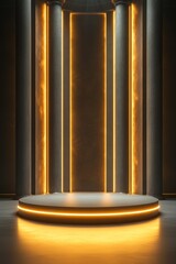 Wall Mural - Illuminated circular stage, classic columns, glowing backdrop, product display