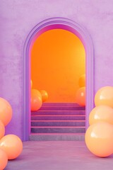 Wall Mural - Purple archway, stairs, orange spheres, background, product display