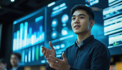 Poster - young man presenting data insights in modern office environment, engaging with audience