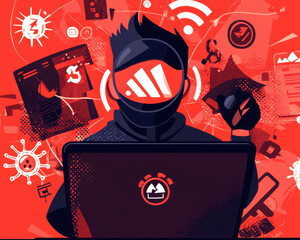 Poster - digital illustration of hacker dark hoodie, working laptop surrounded by cyber symbols and alerts, conveying sense of urgency