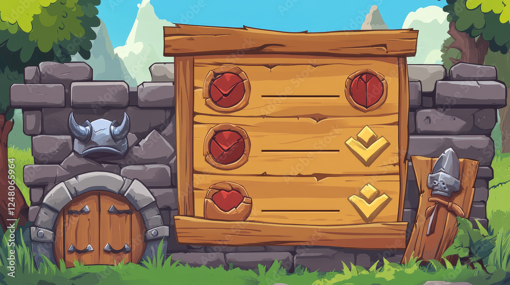 Game menu frame with buttons, medieval helmet, stone wall and wooden ...