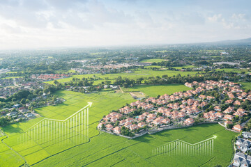 Wall Mural - land value in aerial view consist of landscape of green field or agriculture farm, house building, g