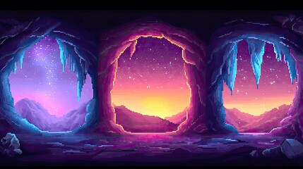 Wall Mural - pixel art cave landscape: sunset, night sky, and mountains. a digital painting of a fantasy scene wi