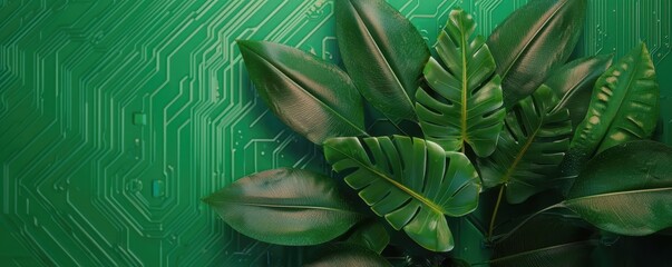 Aufkleber - Green leaves on a circuit board background, symbolizing technology and nature integration.