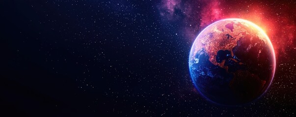 Poster - Vibrant cosmic view of Earth surrounded by colorful space elements and stars.