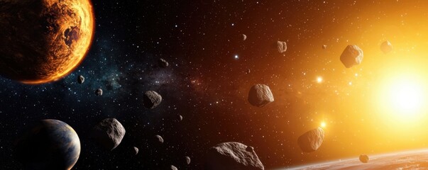 Poster - Cosmic scene featuring planets and asteroids illuminated by a bright sun in a starry sky.
