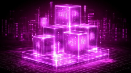 Poster - Glowing Purple Data Cubes Futuristic Technology Abstract Background
