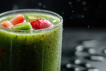 Refreshing green smoothie with fresh fruits served in a glass on a dark background