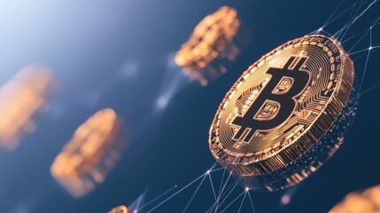 Fototapete - Digital representation of Bitcoin coins floating in a networked space.