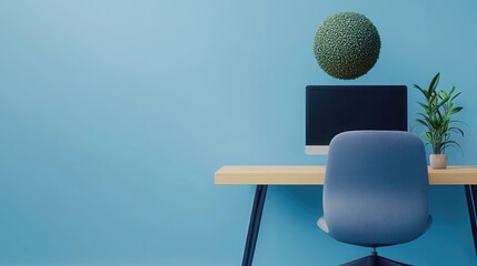 Aufkleber - Modern workspace featuring a desk, computer, and plant against a blue wall.