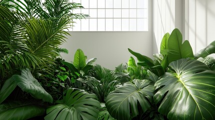 Poster - Lush greenery fills a bright indoor space with large leaves and soft natural light.
