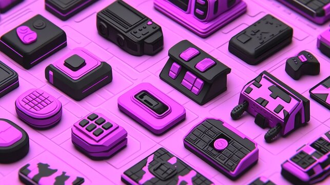 Abstract Purple and Black 3D Isometric Tech Icons Background