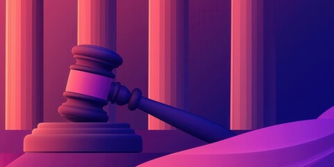 Poster - Stylized gavel resting on a podium with pillars in the background, bathed in purple and pink hues.