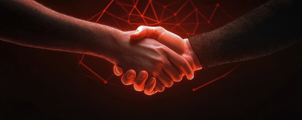 Poster - Hands shaking with a digital, glowing effect in a red-toned background.