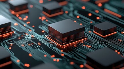 Poster - Close-up of a circuit board with microchips and glowing connections.