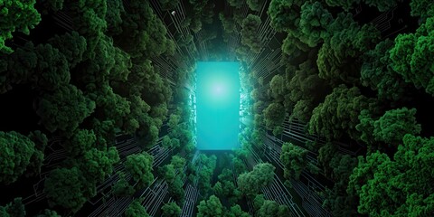 Poster - A serene portal surrounded by lush greenery and glowing lights invites exploration.