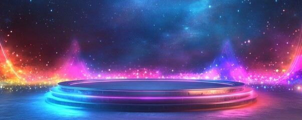 Poster - Illuminated stage, cosmic background, vibrant lights, product display